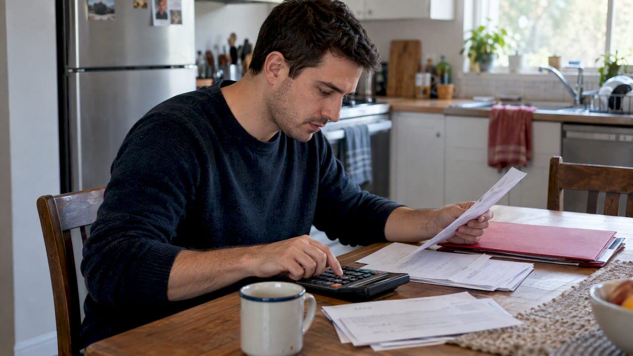 Homebuyer reviewing spending at kitchen table